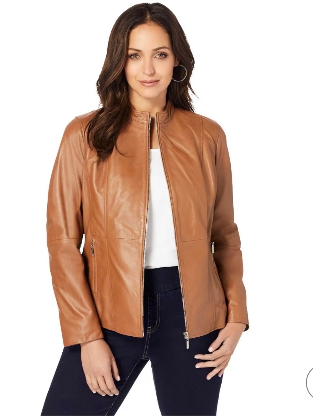 Women’s Brown Leather Zip-Front Jacket by Jessica London NWT